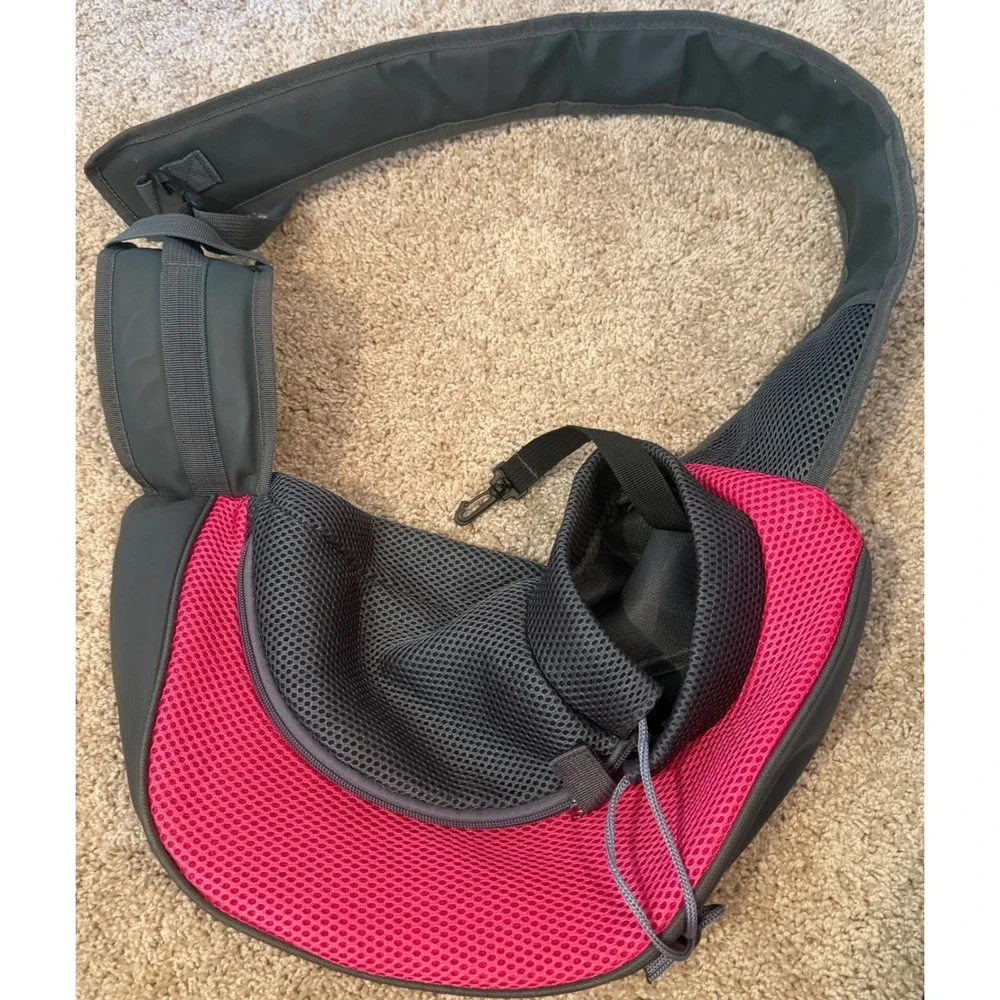 Small Pet Carrier Sling Hands Free Mesh Breathable Dog Cat Travel Bag Pink Gray